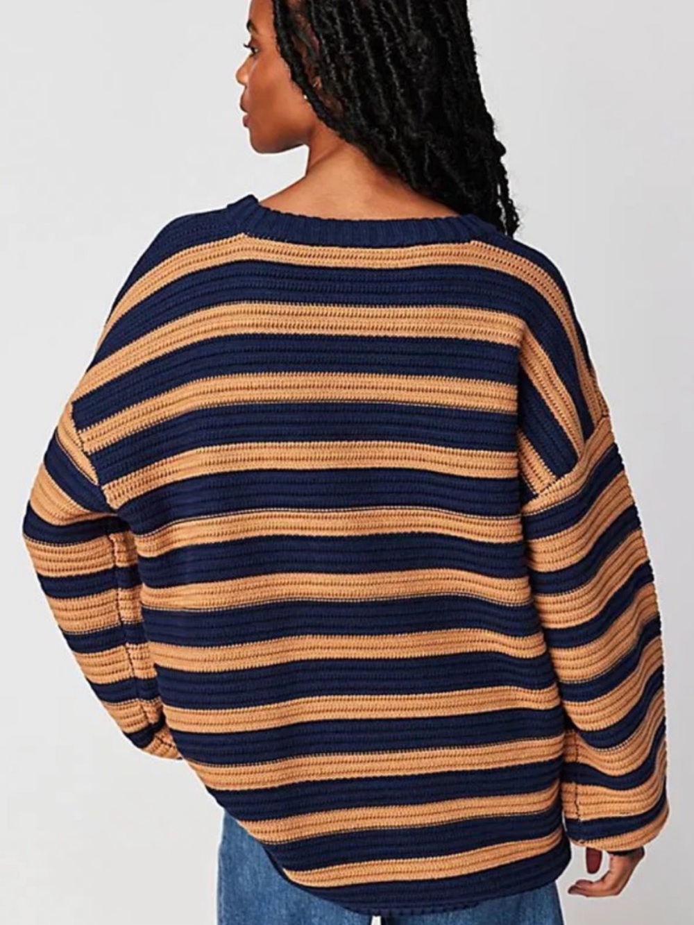 Free People Navy and Camel Striped Pullover Sweater